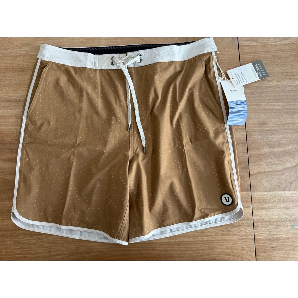 Vuori Mens Cruise Hybrid Boardshorts Bronze Tan White Micro Dot Size 34 New Swim